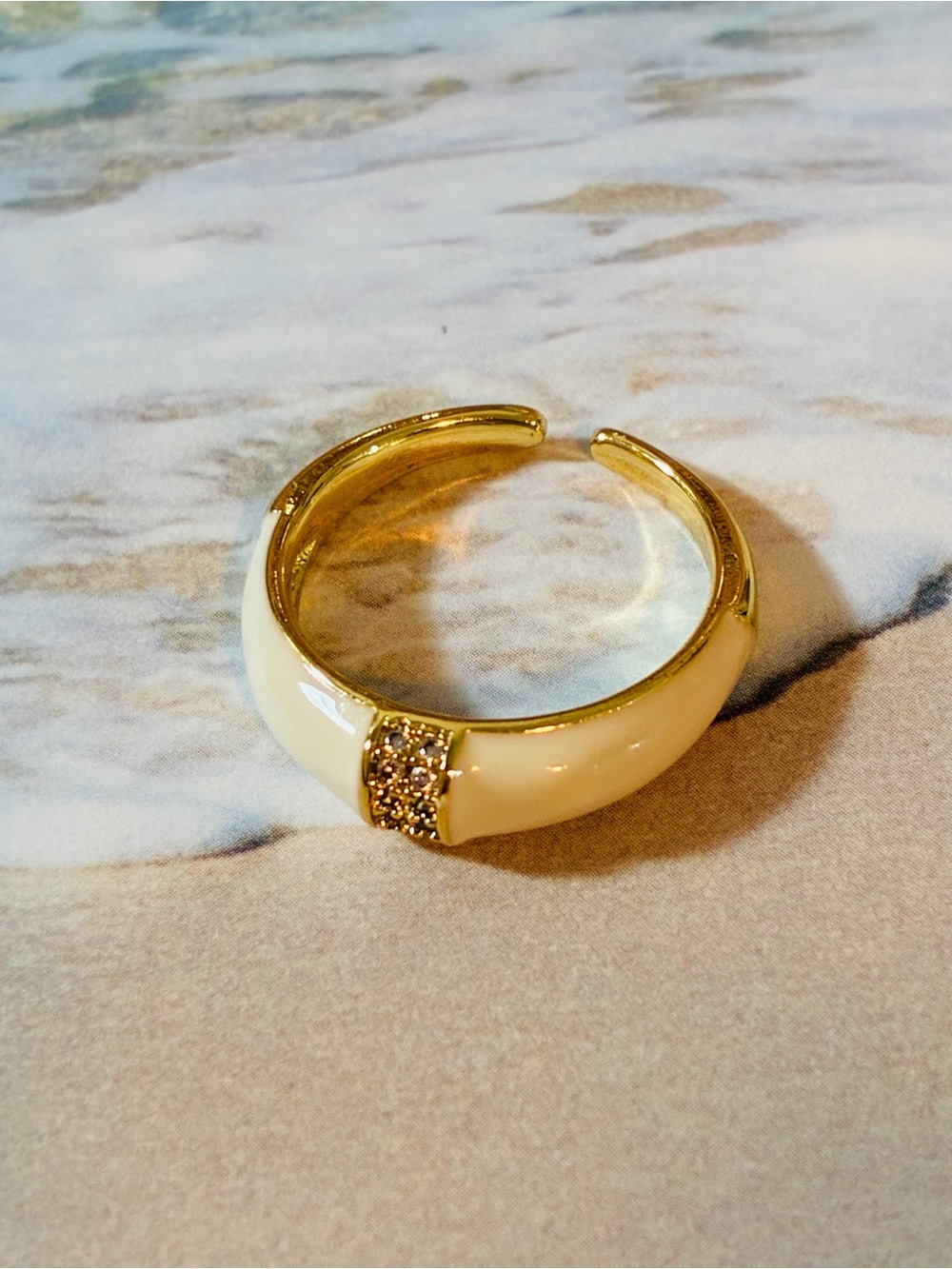 Gold-Tone Cream Enamel Cuff Ring with Crystal Detail